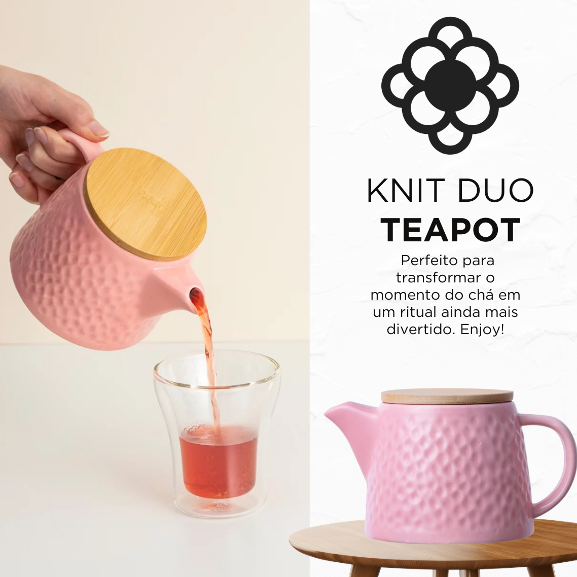 Bule de Chá de Cerâmica com Infusor Knit Duo Teapot Moncloa Rosa 550ml