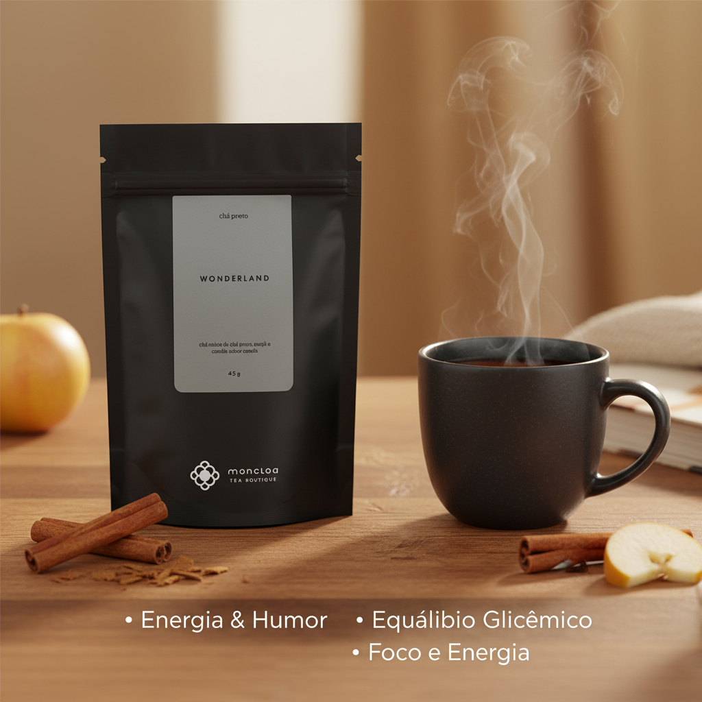Pouch Chá Preto Wonderland Moncloa com benefícios: Energia e Humor, Equilíbrio Glicêmico, Foco e Energia