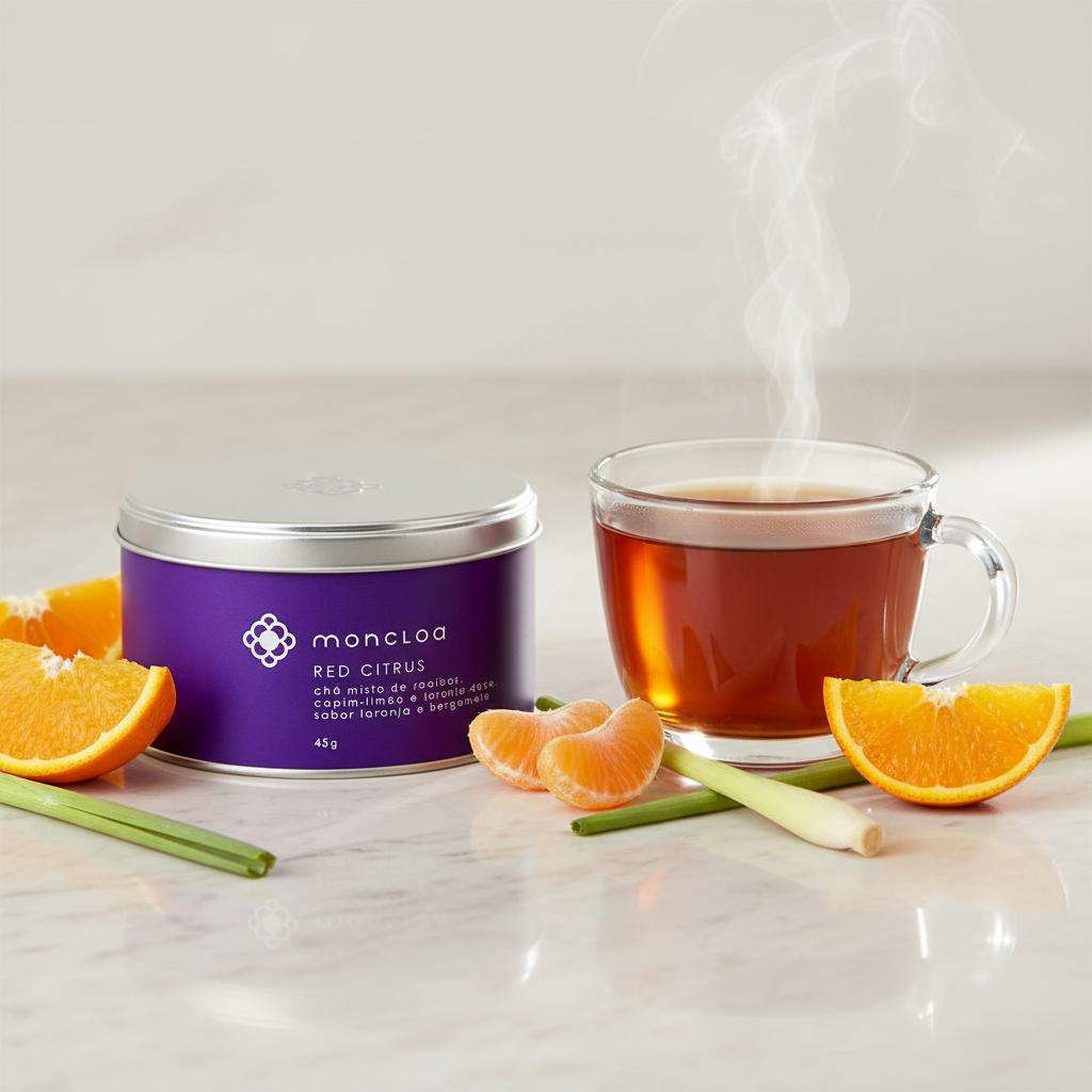Lata Chá Rooibos Red Citrus Moncloa ao lado de xícara com chá quente e rodelas de laranja