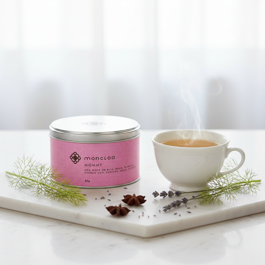 Lata Chá Mommy Moncloa ao lado de xícara com chá quente, lavanda e erva-doce