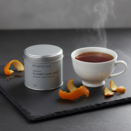 Mini lata Chá Preto Classic Earl Grey Moncloa ao lado de xícara com chá quente e bergamota