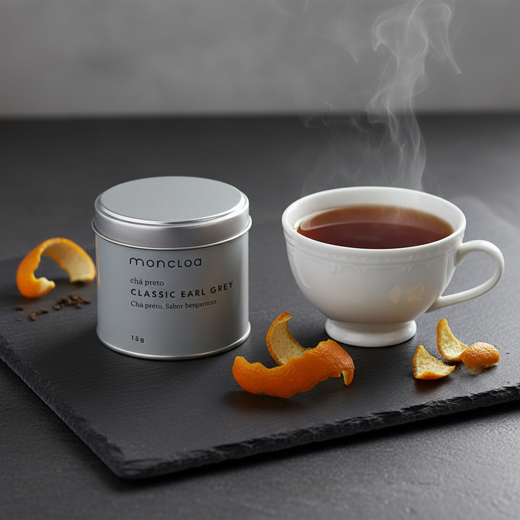 Mini lata Chá Preto Classic Earl Grey Moncloa ao lado de xícara com chá quente e bergamota