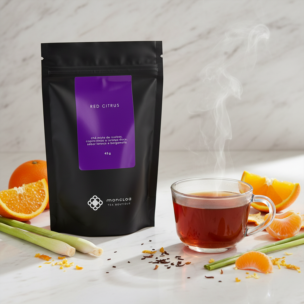 Pouch Chá Rooibos Red Citrus Moncloa ao lado de xícara com chá quente e rodelas de laranja