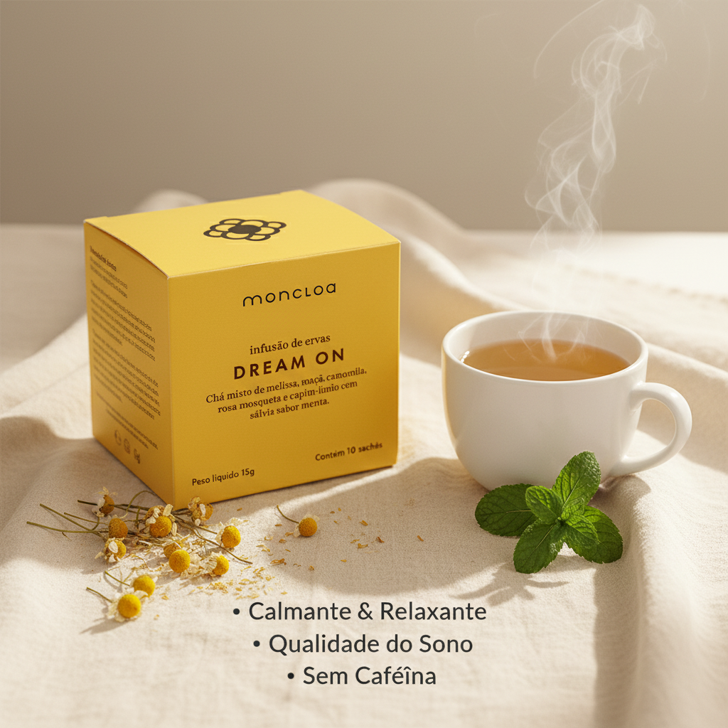 Caixa Chá Dream On Moncloa com benefícios: Calmante e Relaxante, Qualidade do Sono, Sem Cafeína