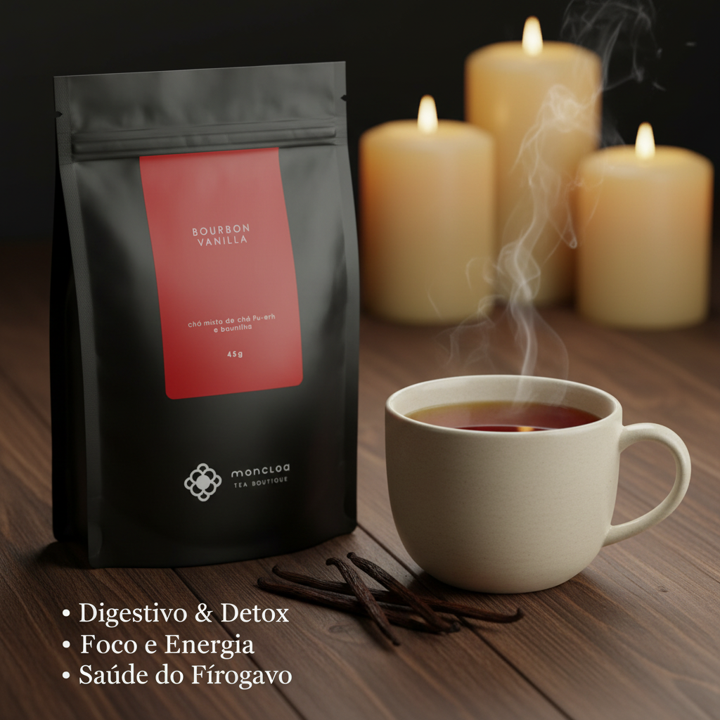 Pouch Chá Puerh Bourbon Vanilla Moncloa com benefícios: Digestivo e Detox, Foco e Energia, Saúde do Fígado