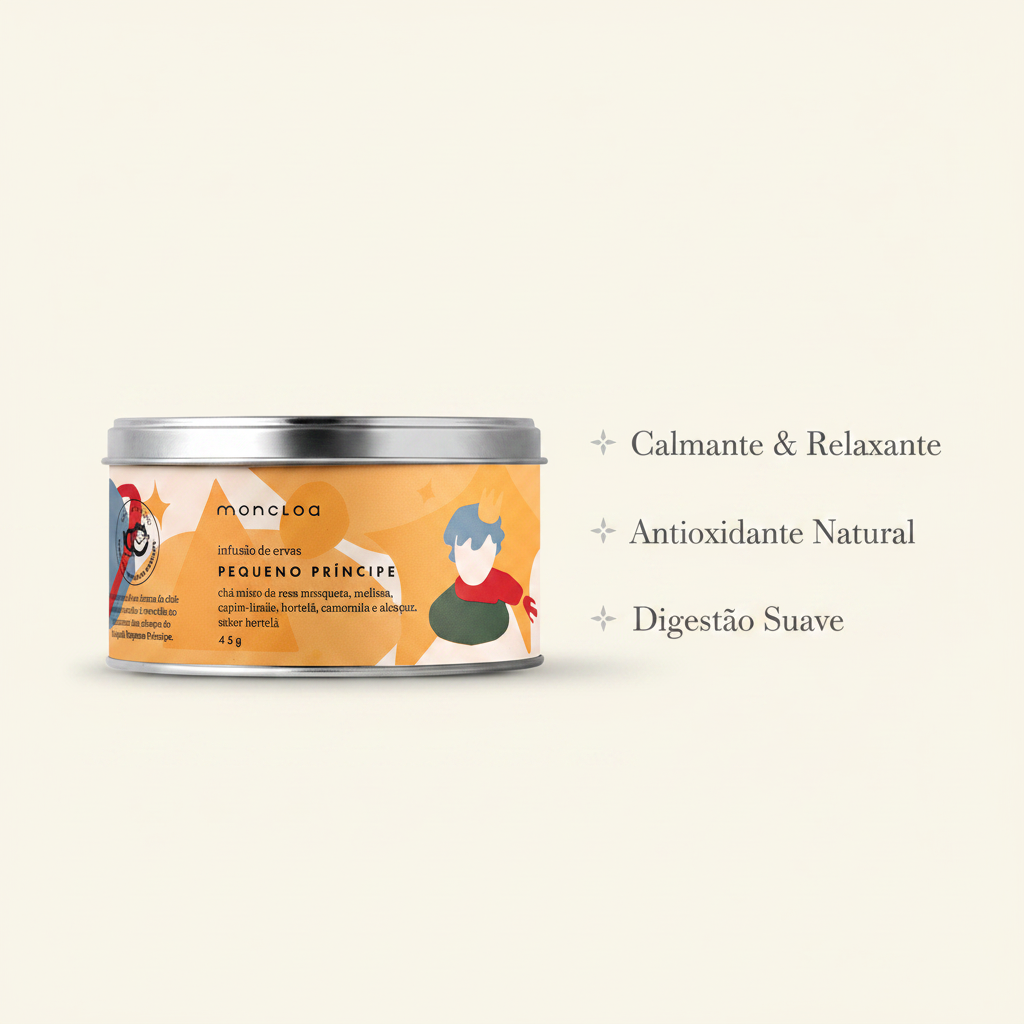 Lata Chá Pequeno Príncipe Moncloa com bullet points de benefícios: Calmante, Antioxidante, Digestão Suave
