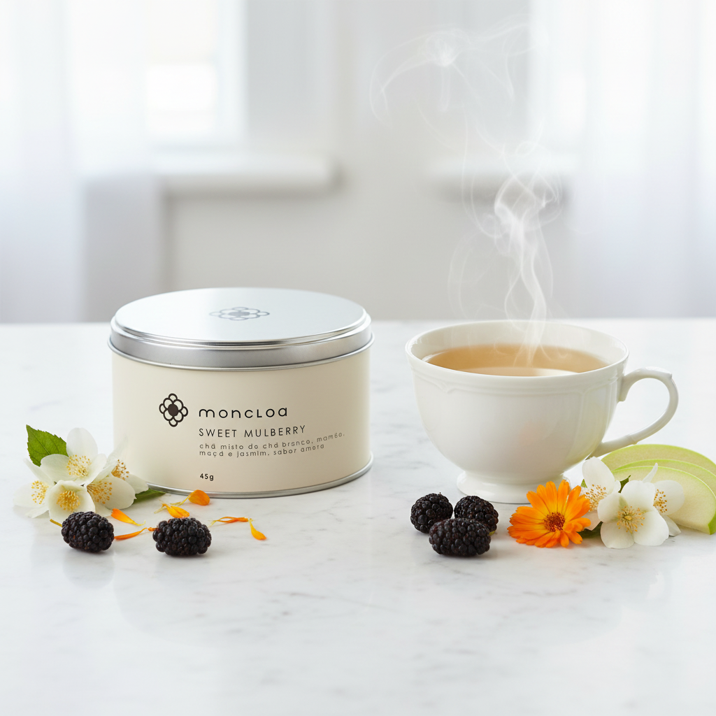Lata Chá Branco Sweet Mulberry Moncloa ao lado de xícara com chá quente, amora e jasmim