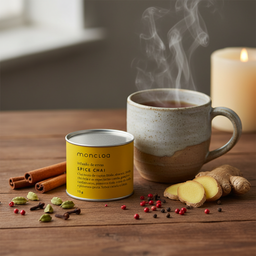 Mini lata Chá Spice Chai Moncloa ao lado de caneca com chá quente e especiarias