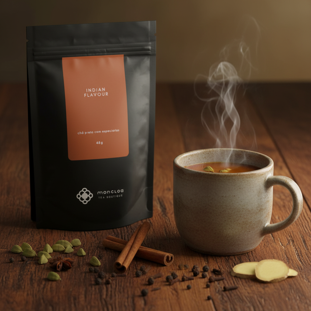 Pouch Chá Preto Indian Flavour Moncloa ao lado de caneca com chai quente e especiarias