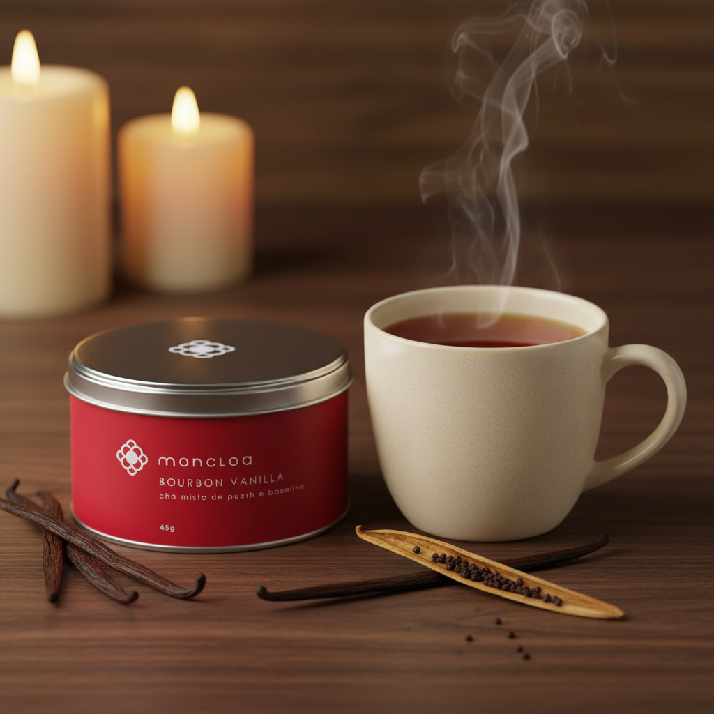 Lata Chá Puerh Bourbon Vanilla Moncloa ao lado de caneca com chá quente e fava de baunilha