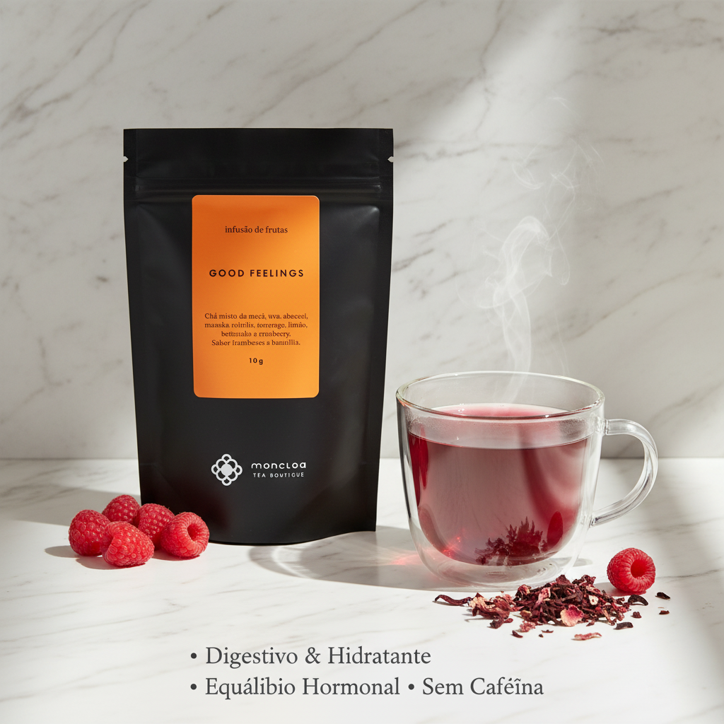 Pouch Chá Good Feelings Moncloa com benefícios: Digestivo e Hidratante, Equilíbrio Hormonal, Sem Cafeína
