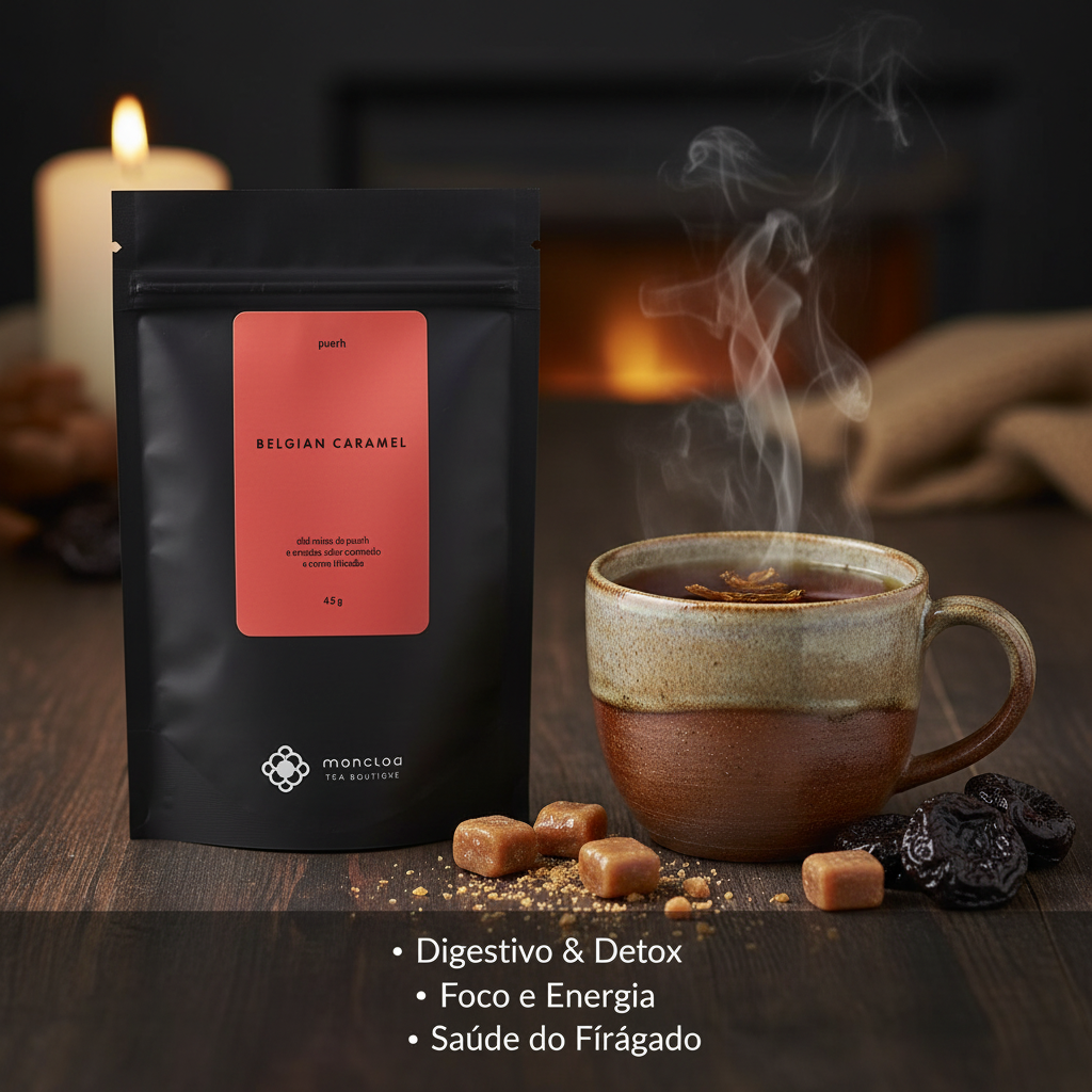 Pouch Chá Puerh Belgian Caramel Moncloa com benefícios: Digestivo e Detox, Foco e Energia, Saúde do Fígado