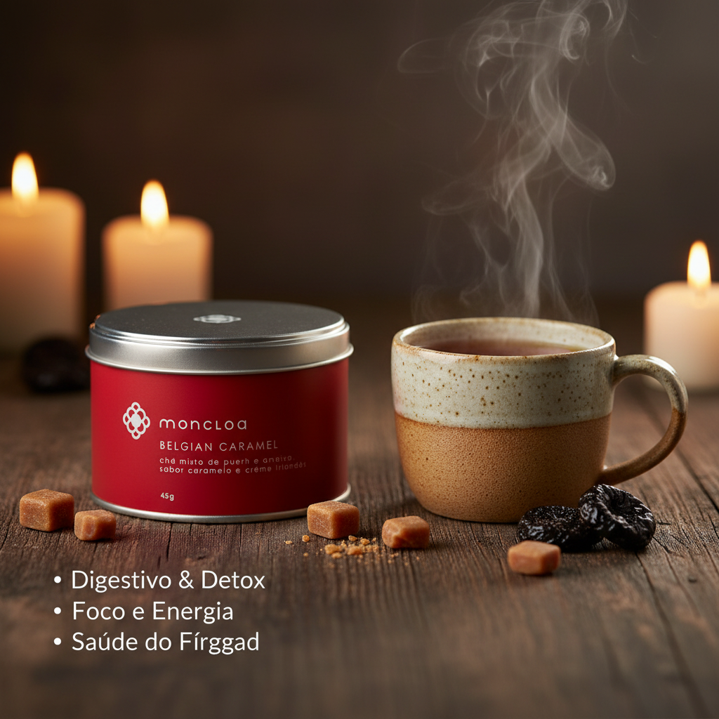 Lata Chá Puerh Belgian Caramel Moncloa com benefícios: Digestivo e Detox, Foco e Energia, Saúde do Fígado