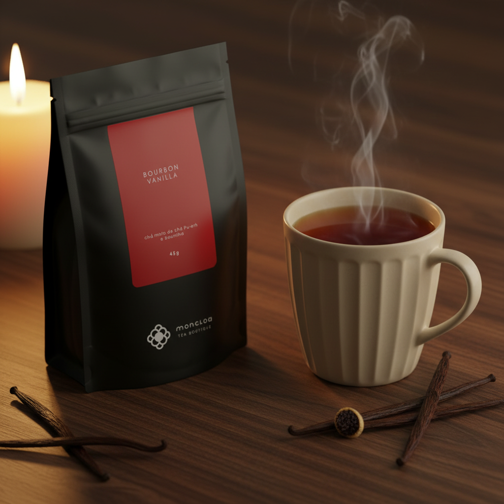 Pouch Chá Puerh Bourbon Vanilla Moncloa ao lado de caneca com chá quente e fava de baunilha