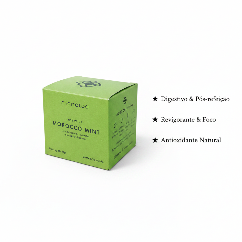 Caixa Chá Verde Morocco Mint Moncloa com benefícios: Digestivo, Revigorante, Antioxidante Natural