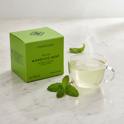Caixa Chá Verde Morocco Mint Moncloa ao lado de xícara com chá quente de hortelã