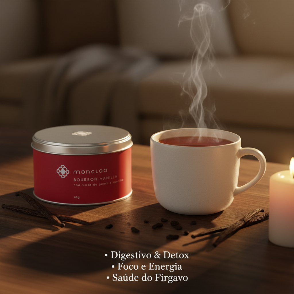Lata Chá Puerh Bourbon Vanilla Moncloa com benefícios: Digestivo e Detox, Foco e Energia, Saúde do Fígado