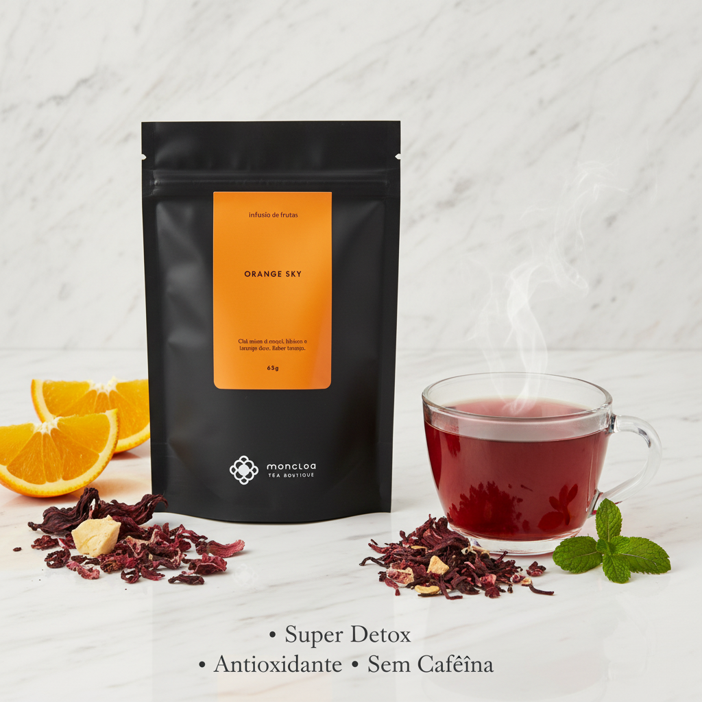 Pouch Chá Orange Sky Moncloa com benefícios: Super Detox, Antioxidante, Sem Cafeína