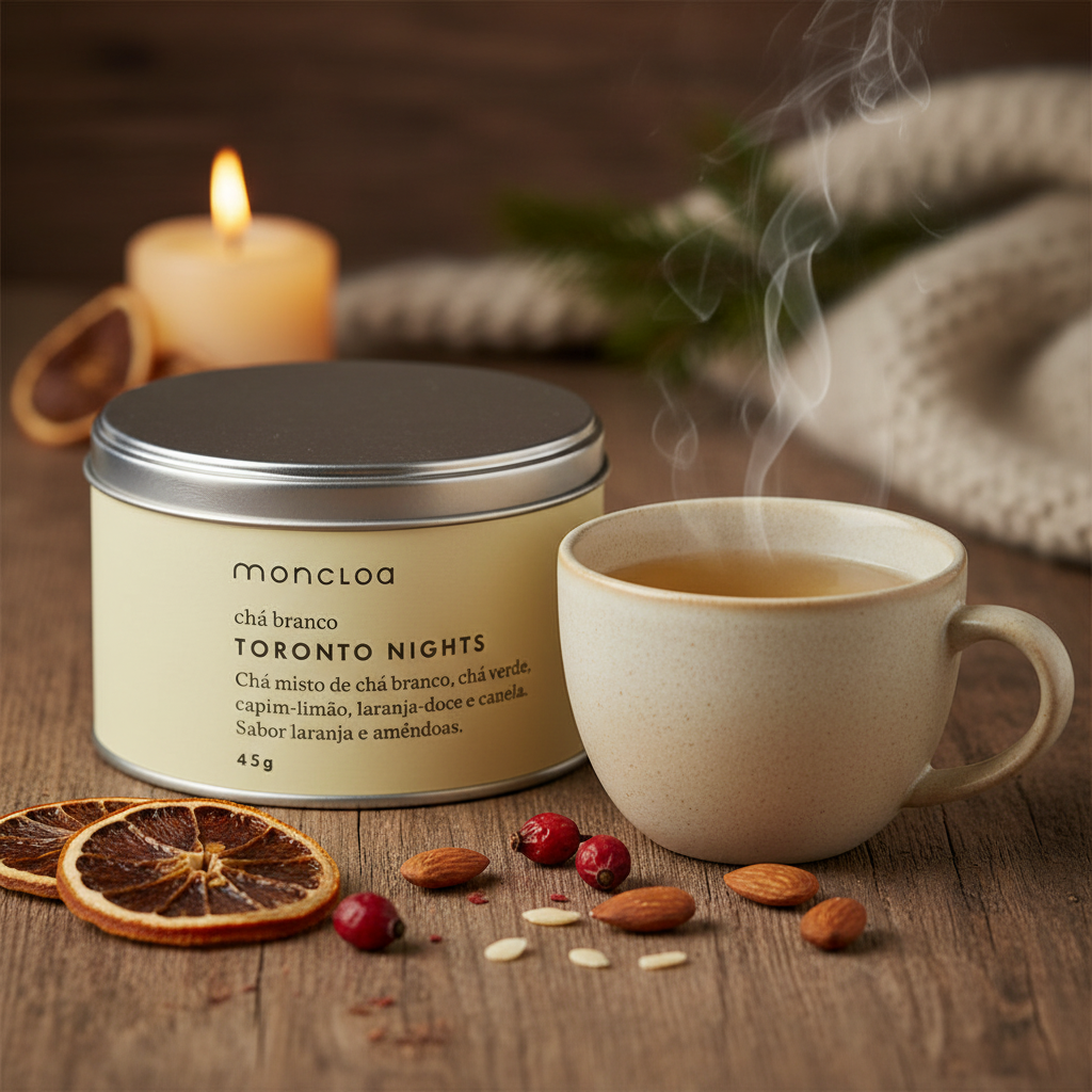 Lata Chá Branco Toronto Nights Moncloa ao lado de xícara com chá quente, laranja e rosa mosqueta
